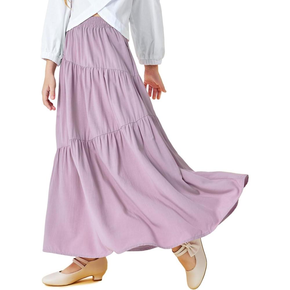 imageHaloumoning Girls Elastic High Waist Maxi Skirt Boho ALine Tiered Pleated Long Skirts with Pockets 514 YearsPurple