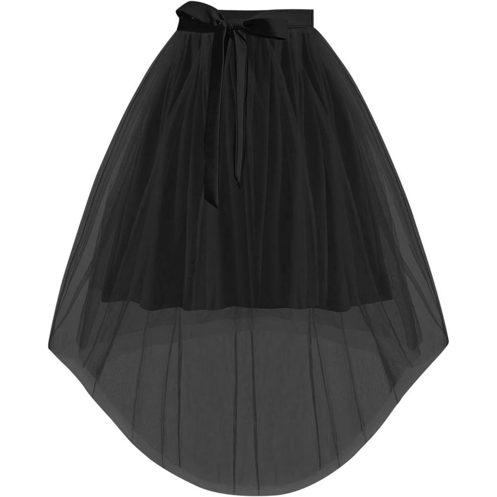 imageHaloumoning Girls Tulle Skirts Kids Elastic Waist Aline High Low Mesh Tutu Skirt with Belt 514 YearsBlack