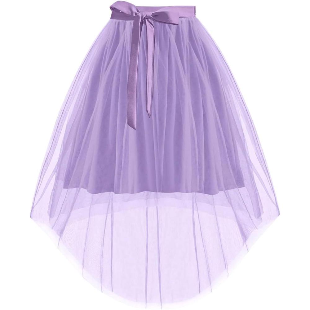 imageHaloumoning Girls Tulle Skirts Kids Elastic Waist Aline High Low Mesh Tutu Skirt with Belt 514 YearsLight Purple