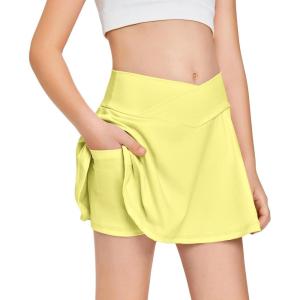 Girls Tennis Skirt with Pockets Shorts Crossover High Waisted Athletic Skorts Workout Golf Running Skirts(Light Yellow)