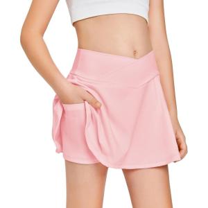 Girls Tennis Skirt with Pockets Shorts Crossover High Waisted Athletic Skorts Workout Golf Running Skirts(Pink)
