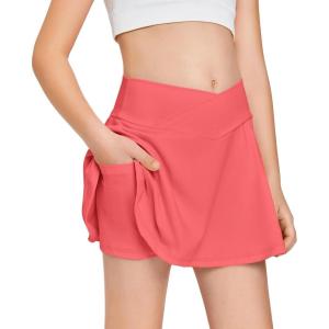 Girls Tennis Skirt with Pockets Shorts Crossover High Waisted Athletic Skorts Workout Golf Running Skirts(Watermelon Red)