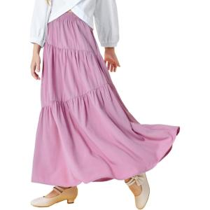 Haloumoning Girls Elastic High Waist Maxi Skirt Boho A-Line Tiered Pleated Long Skirts with Pockets 5-14 Years(Pink)