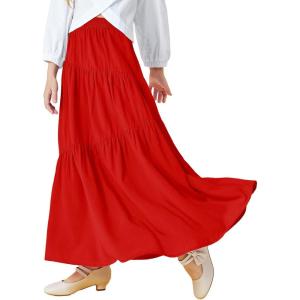 Haloumoning Girls Elastic High Waist Maxi Skirt Boho A-Line Tiered Pleated Long Skirts with Pockets 5-14 Years(Red)