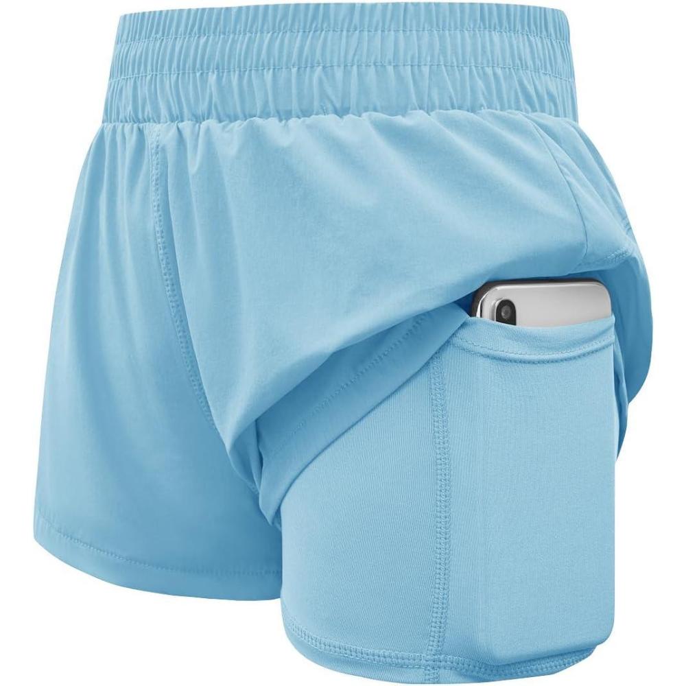 imageHaloumoning Girls Athletic Shorts High Waist Elastic 2 in 1 Running Shorts with Side Pockets 514 YearsBlue