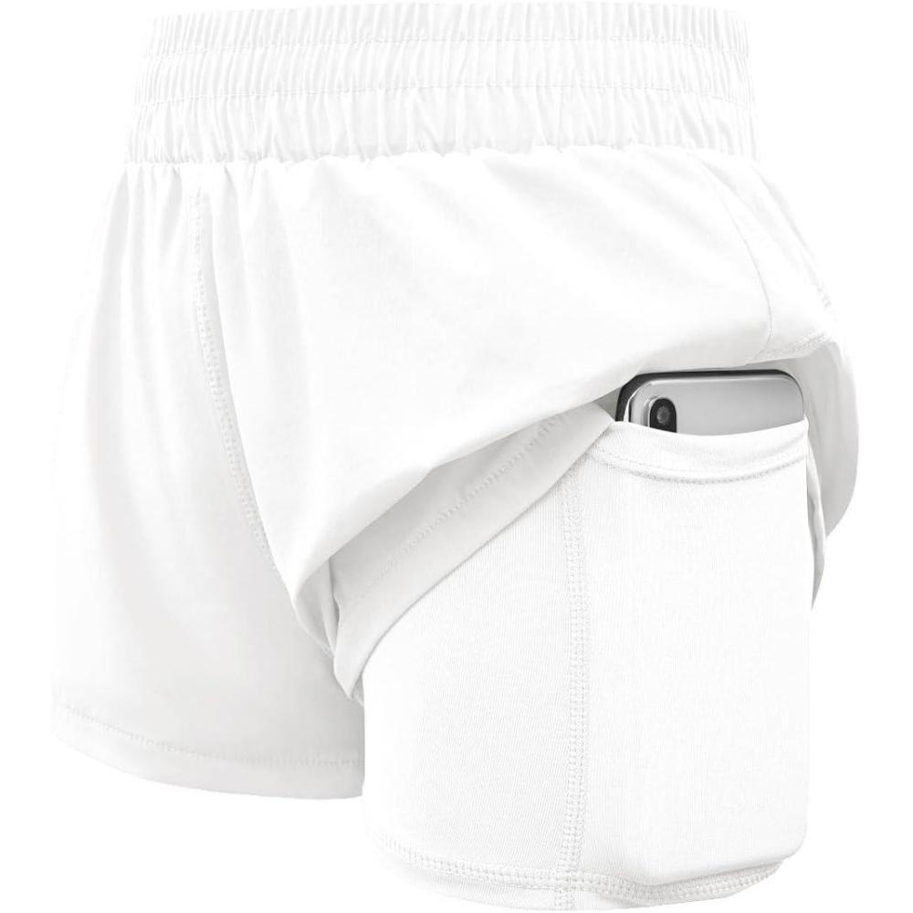 imageHaloumoning Girls Athletic Shorts High Waist Elastic 2 in 1 Running Shorts with Side Pockets 514 YearsWhite