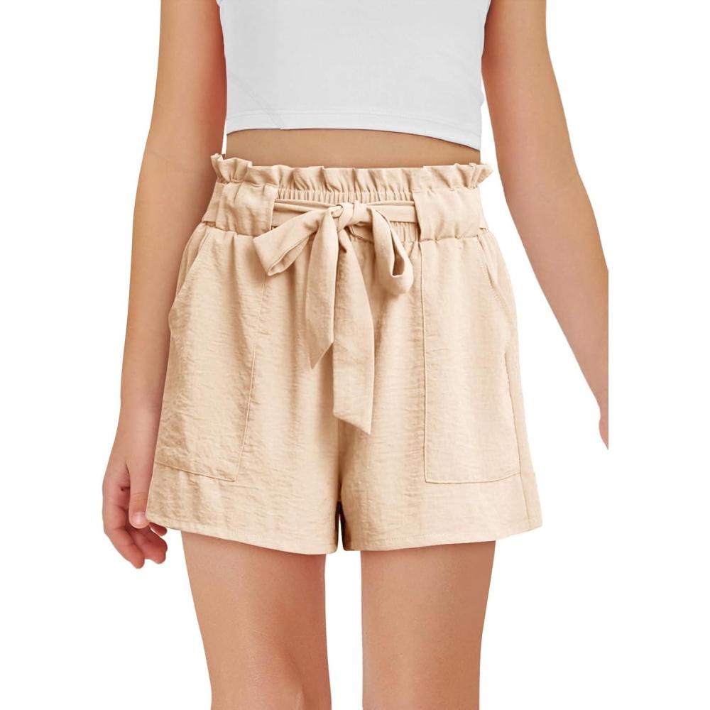 imageHaloumoning Girls High Waisted Shorts Kids Ruffle Summer Dress Shorts with Pockets 514 YearsBeige