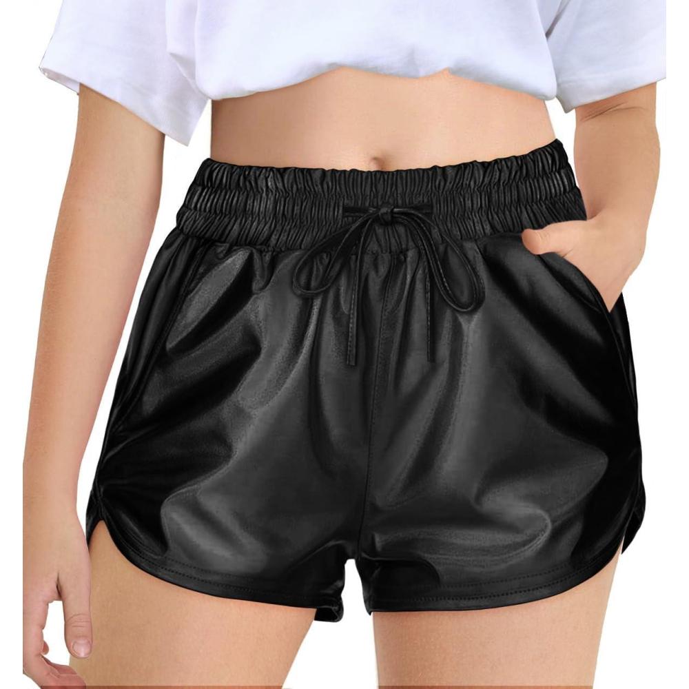imageHaloumoning Girls Metallic Shorts Sparkly Dance Outfits Elastic Drawstring Shiny Hot Short Pants 514 YearsBlack