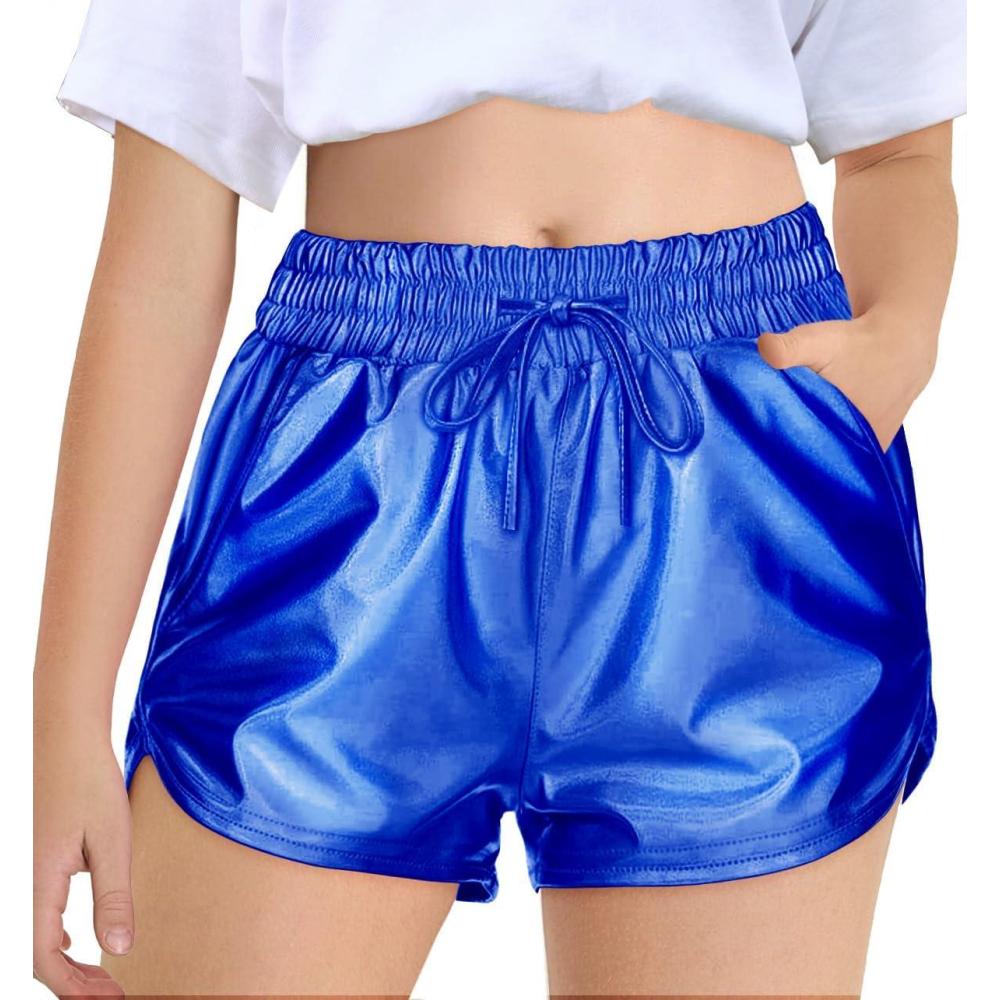 imageHaloumoning Girls Metallic Shorts Sparkly Dance Outfits Elastic Drawstring Shiny Hot Short Pants 514 YearsBlue