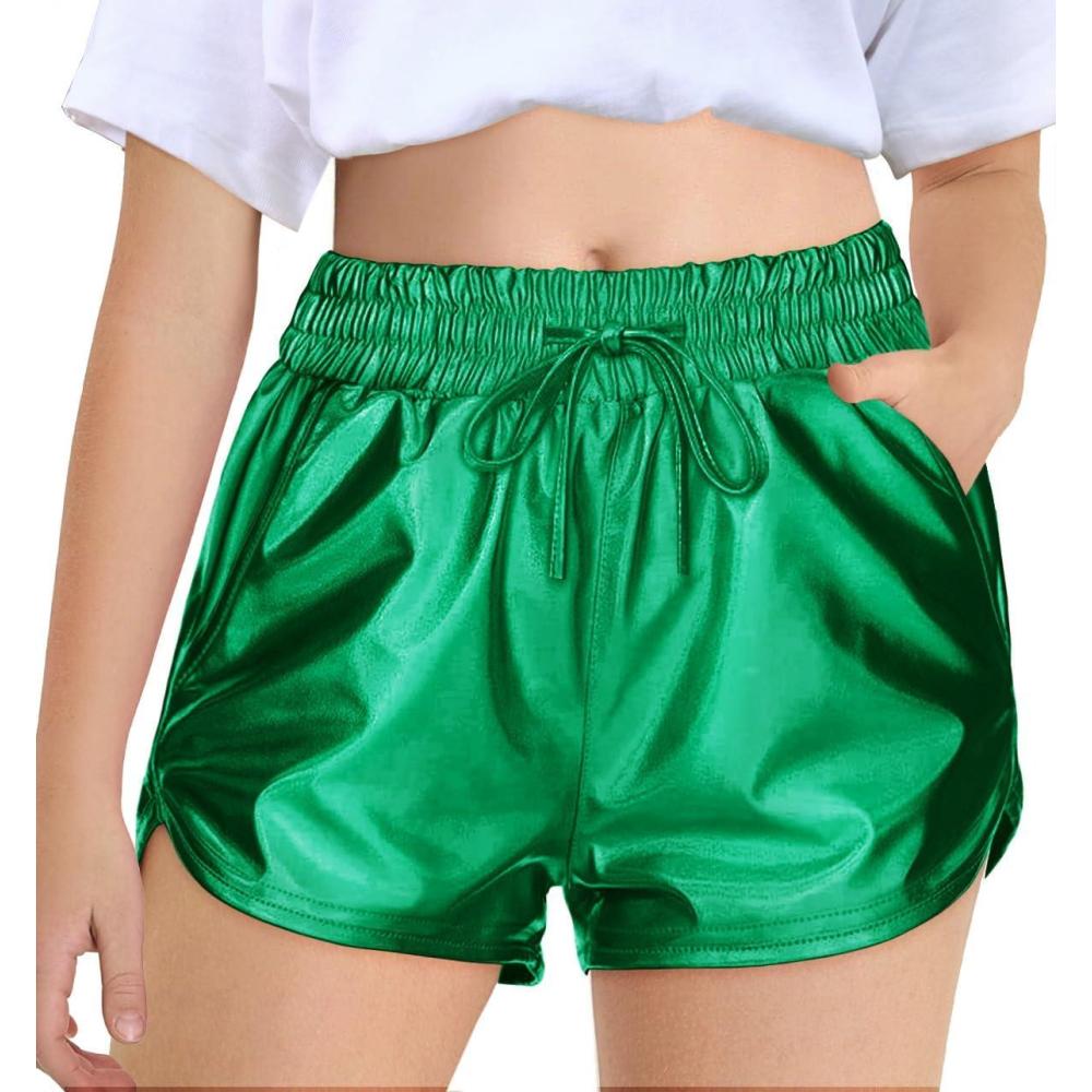 imageHaloumoning Girls Metallic Shorts Sparkly Dance Outfits Elastic Drawstring Shiny Hot Short Pants 514 YearsGreen