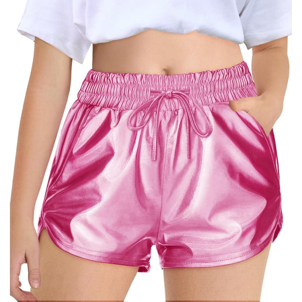 imageHaloumoning Girls Metallic Shorts Sparkly Dance Outfits Elastic Drawstring Shiny Hot Short Pants 514 YearsPink