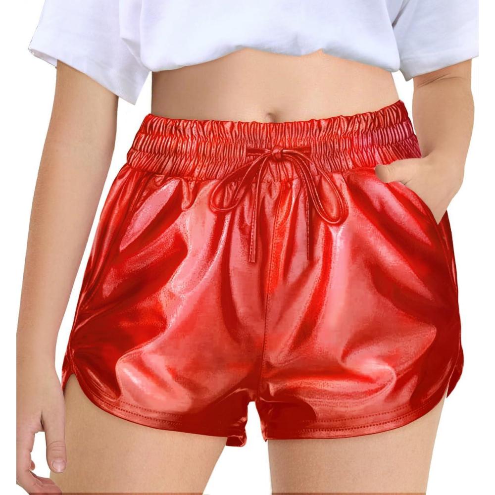 imageHaloumoning Girls Metallic Shorts Sparkly Dance Outfits Elastic Drawstring Shiny Hot Short Pants 514 YearsRed