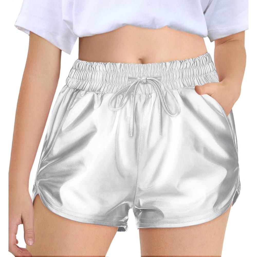 imageHaloumoning Girls Metallic Shorts Sparkly Dance Outfits Elastic Drawstring Shiny Hot Short Pants 514 YearsSilver