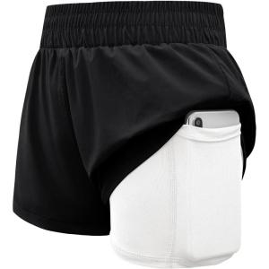 Haloumoning Girls Athletic Shorts High Waist Elastic 2 in 1 Running Shorts with Side Pockets 5-14 Years(Black & White)