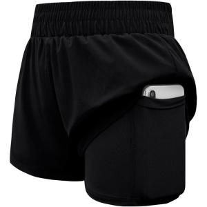 Haloumoning Girls Athletic Shorts High Waist Elastic 2 in 1 Running Shorts with Side Pockets 5-14 Years(Black)