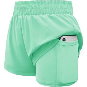 Haloumoning Girls Athletic Shorts High Waist Elastic 2 in 1 Running Shorts with Side Pockets 5-14 Years(Mint Green)
