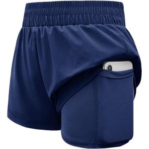 Haloumoning Girls Athletic Shorts High Waist Elastic 2 in 1 Running Shorts with Side Pockets 5-14 Years(Navy Blue)