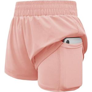 Haloumoning Girls Athletic Shorts High Waist Elastic 2 in 1 Running Shorts with Side Pockets 5-14 Years(Nude Pink)