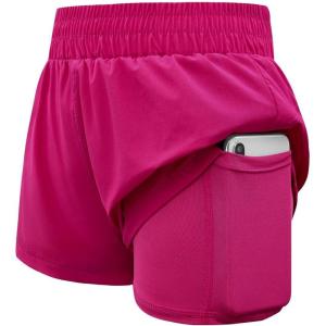 Haloumoning Girls Athletic Shorts High Waist Elastic 2 in 1 Running Shorts with Side Pockets 5-14 Years(Pink)