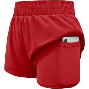 Haloumoning Girls Athletic Shorts High Waist Elastic 2 in 1 Running Shorts with Side Pockets 5-14 Years(Red)