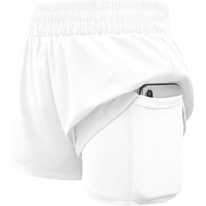 Haloumoning Girls Athletic Shorts High Waist Elastic 2 in 1 Running Shorts with Side Pockets 5-14 Years(White)