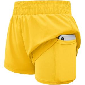 Haloumoning Girls Athletic Shorts High Waist Elastic 2 in 1 Running Shorts with Side Pockets 5-14 Years(Yellow)