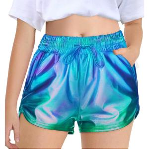 Haloumoning Girls Metallic Shorts Sparkly Dance Outfits Elastic Drawstring Shiny Hot Short Pants 5-14 Years(Aqua)