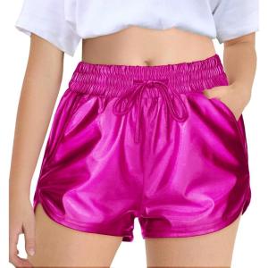 Haloumoning Girls Metallic Shorts Sparkly Dance Outfits Elastic Drawstring Shiny Hot Short Pants 5-14 Years(Fuchsia)