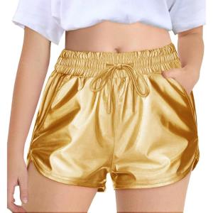 Haloumoning Girls Metallic Shorts Sparkly Dance Outfits Elastic Drawstring Shiny Hot Short Pants 5-14 Years(Gold)