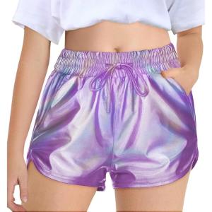 Haloumoning Girls Metallic Shorts Sparkly Dance Outfits Elastic Drawstring Shiny Hot Short Pants 5-14 Years(Pinkish Purple)