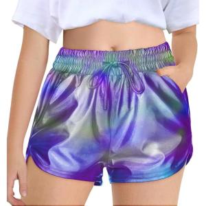 Haloumoning Girls Metallic Shorts Sparkly Dance Outfits Elastic Drawstring Shiny Hot Short Pants 5-14 Years(Violet Green)