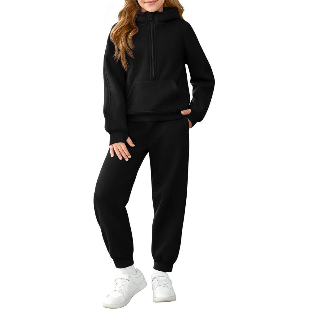 imageGirls 2 Piece Outfits Sweatsuit Kids Fleece Half Zip Hoodies Sweatshirt and Sweatpants Set with PocketsBlack