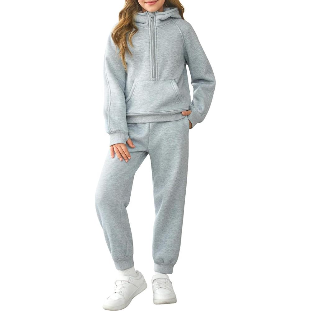 imageGirls 2 Piece Outfits Sweatsuit Kids Fleece Half Zip Hoodies Sweatshirt and Sweatpants Set with PocketsGrey