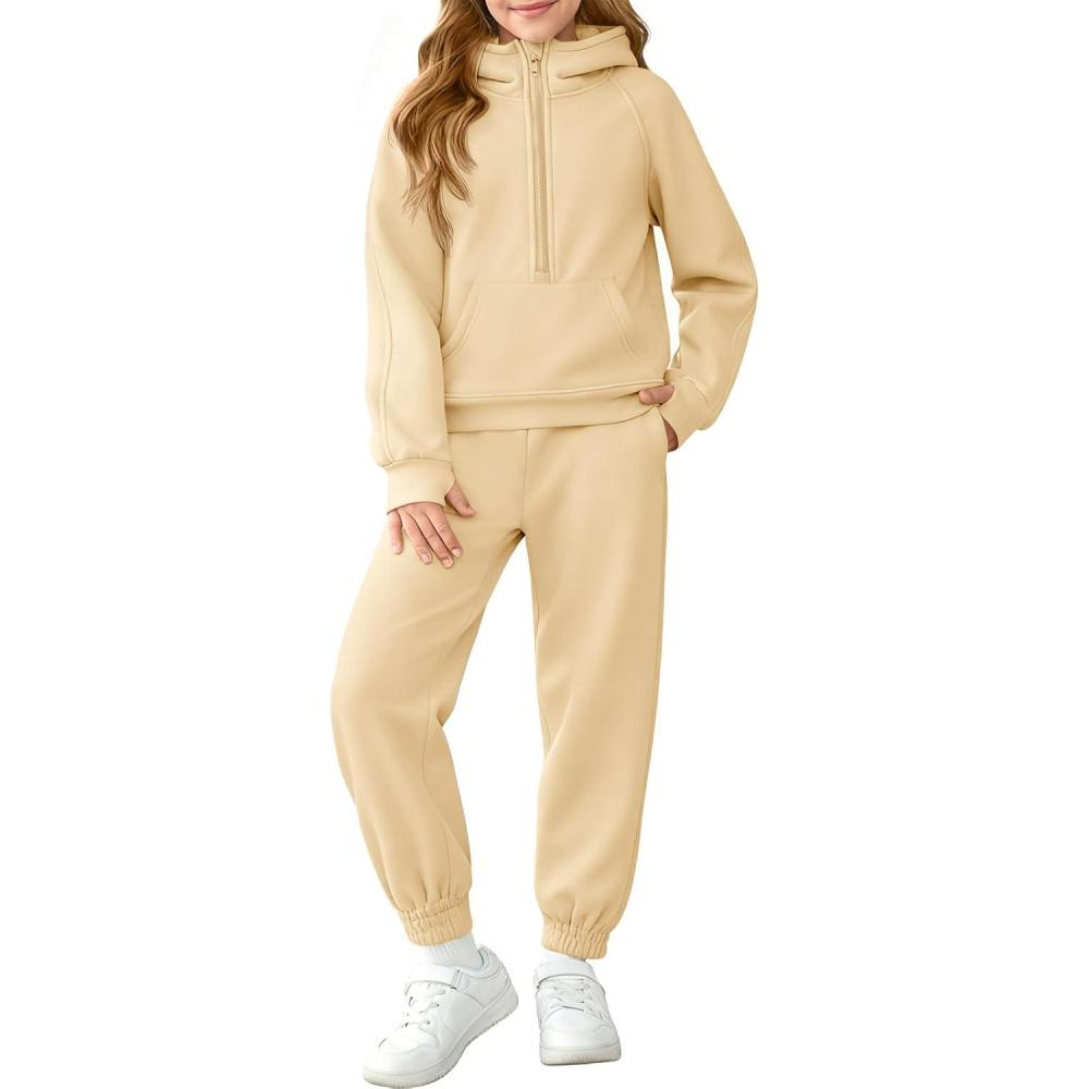 imageGirls 2 Piece Outfits Sweatsuit Kids Fleece Half Zip Hoodies Sweatshirt and Sweatpants Set with PocketsKhaki