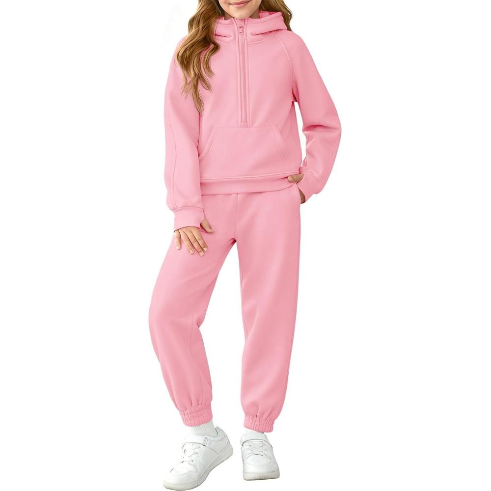 imageGirls 2 Piece Outfits Sweatsuit Kids Fleece Half Zip Hoodies Sweatshirt and Sweatpants Set with PocketsPink