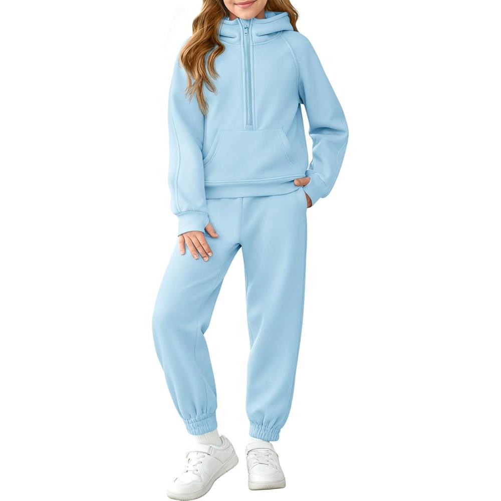 imageGirls 2 Piece Outfits Sweatsuit Kids Fleece Half Zip Hoodies Sweatshirt and Sweatpants Set with PocketsSky Blue