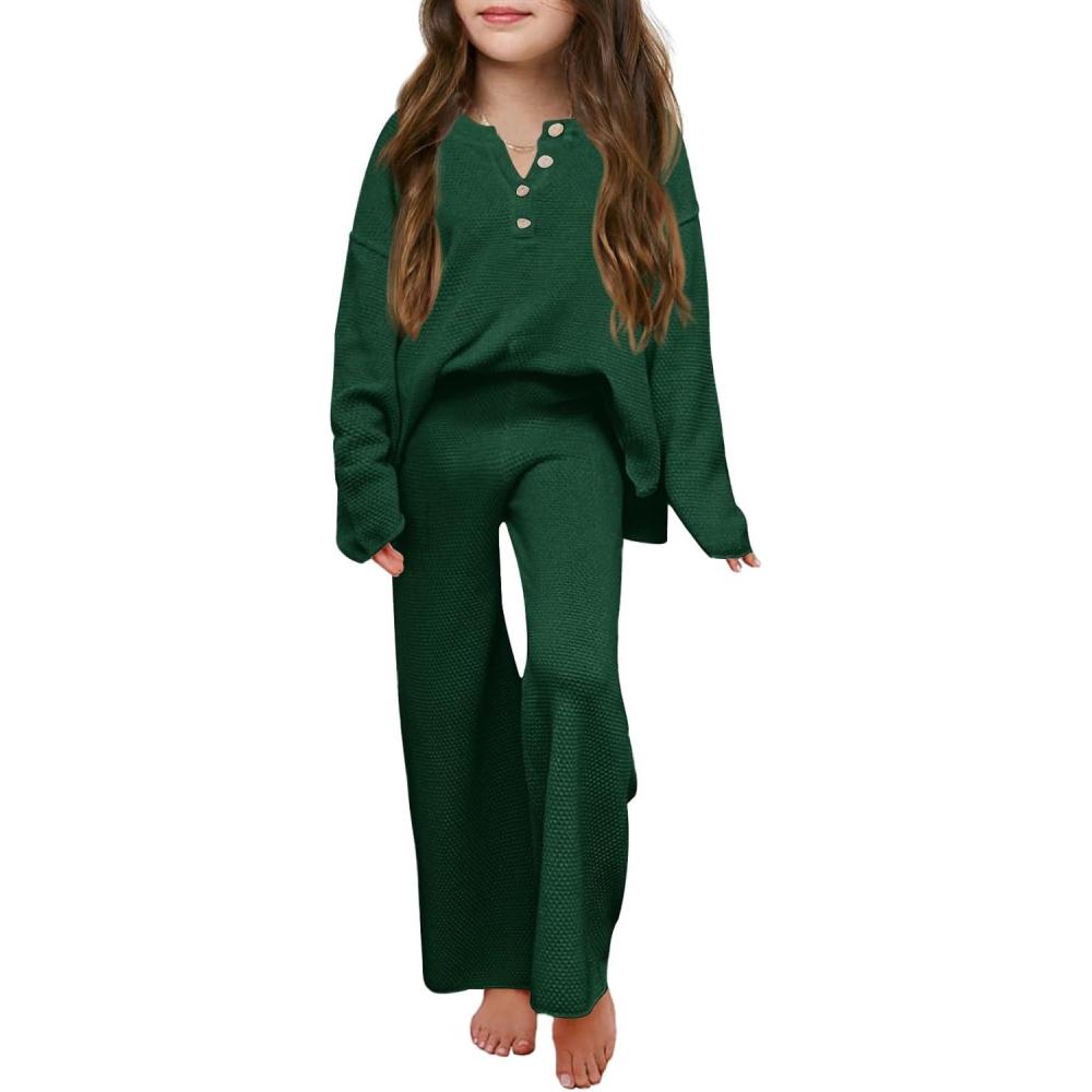 imageHaloumoning Girls 2 Piece Outfit Set Long Sleeve Button Knit Pullover Sweater Top and Wide Leg Pants Sweatsuit 514 YearsArmy Green