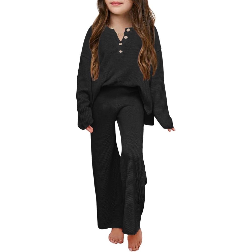 imageHaloumoning Girls 2 Piece Outfit Set Long Sleeve Button Knit Pullover Sweater Top and Wide Leg Pants Sweatsuit 514 YearsBlack