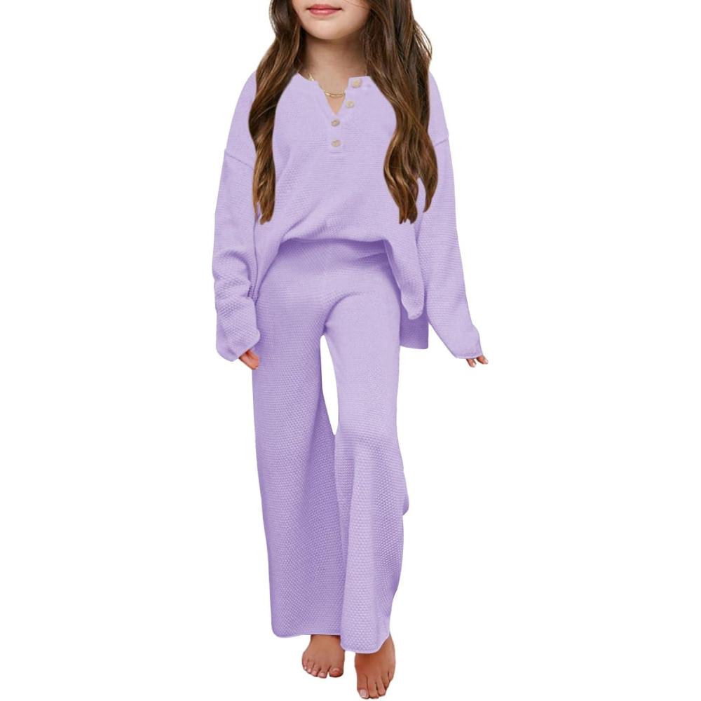 imageHaloumoning Girls 2 Piece Outfit Set Long Sleeve Button Knit Pullover Sweater Top and Wide Leg Pants Sweatsuit 514 YearsPurple