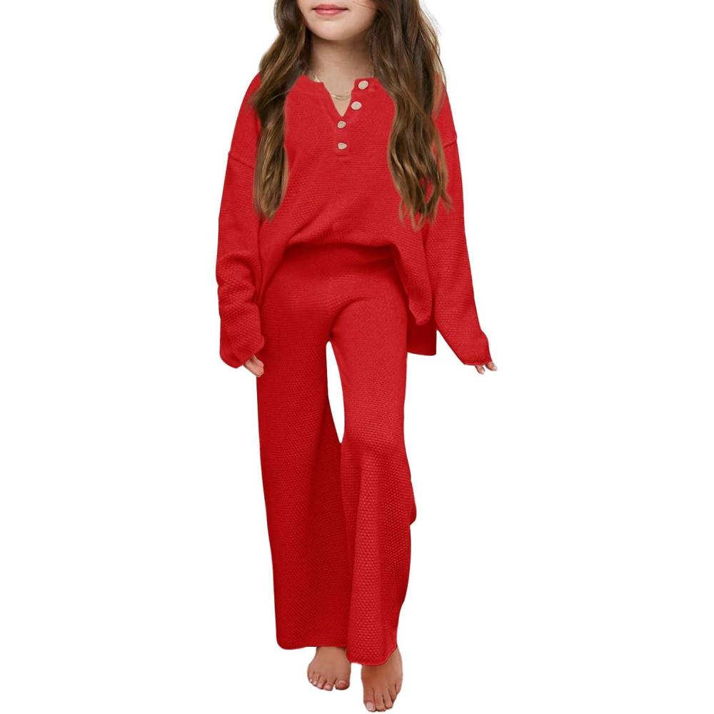 imageHaloumoning Girls 2 Piece Outfit Set Long Sleeve Button Knit Pullover Sweater Top and Wide Leg Pants Sweatsuit 514 YearsRed