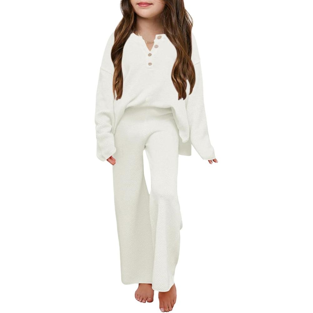 imageHaloumoning Girls 2 Piece Outfit Set Long Sleeve Button Knit Pullover Sweater Top and Wide Leg Pants Sweatsuit 514 YearsWhite