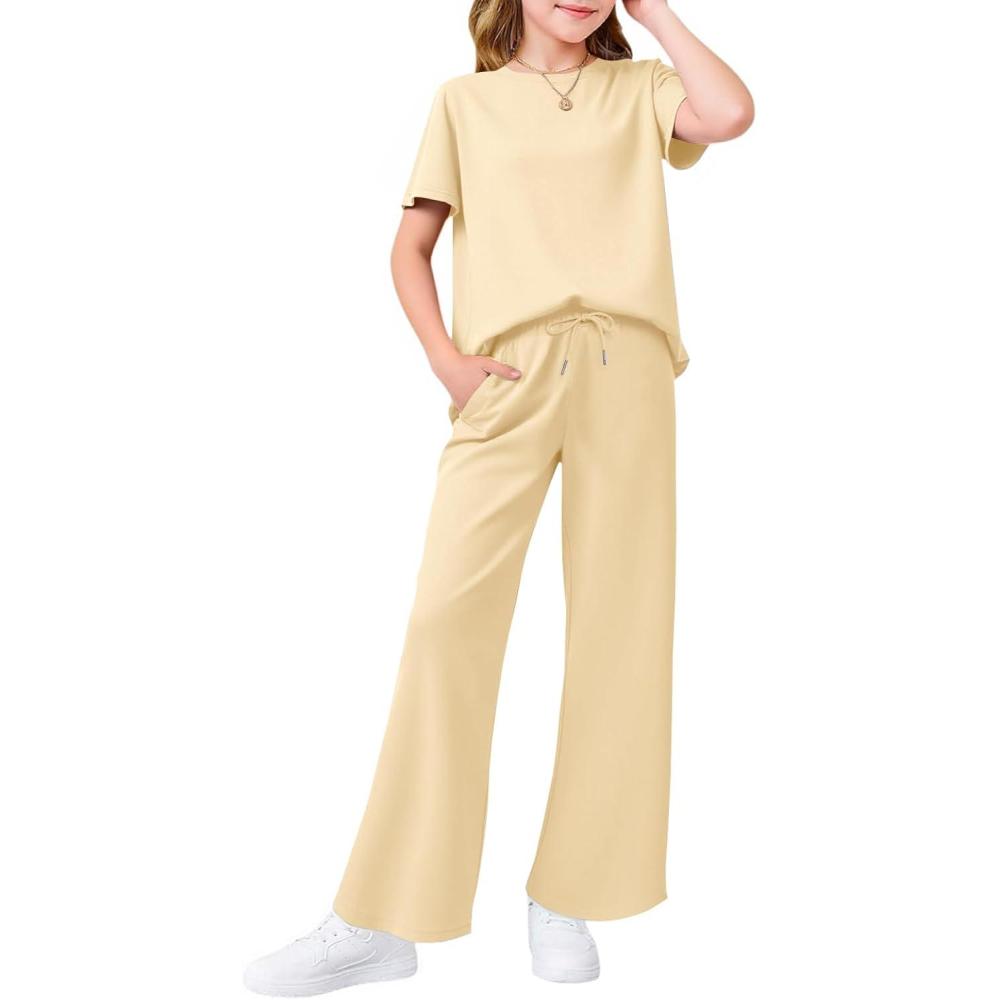 imageHaloumoning Girls 2 Piece Outfits Kids Fashion Short Sleeve T Shirts Wide Leg Pants Clothing Sets 514 YearsBeige