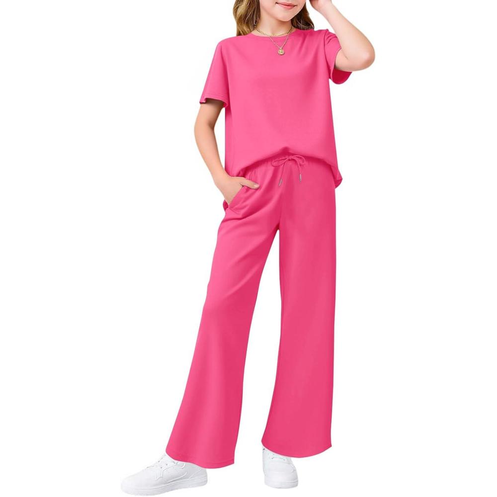 imageHaloumoning Girls 2 Piece Outfits Kids Fashion Short Sleeve T Shirts Wide Leg Pants Clothing Sets 514 YearsRose Red