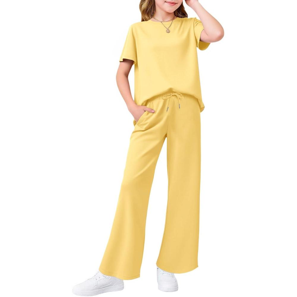 imageHaloumoning Girls 2 Piece Outfits Kids Fashion Short Sleeve T Shirts Wide Leg Pants Clothing Sets 514 YearsYellow