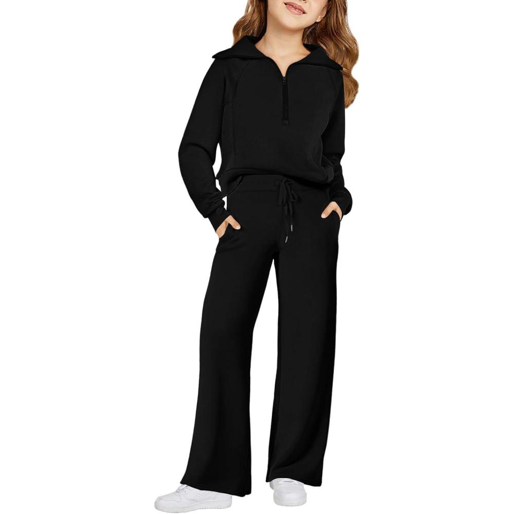imageHaloumoning Girls 2 Piece Outfits Sweatsuit Half Zip Long Sleeve Sweatshirts Sweatpants Tracksuit Sets 514 yearsBlack