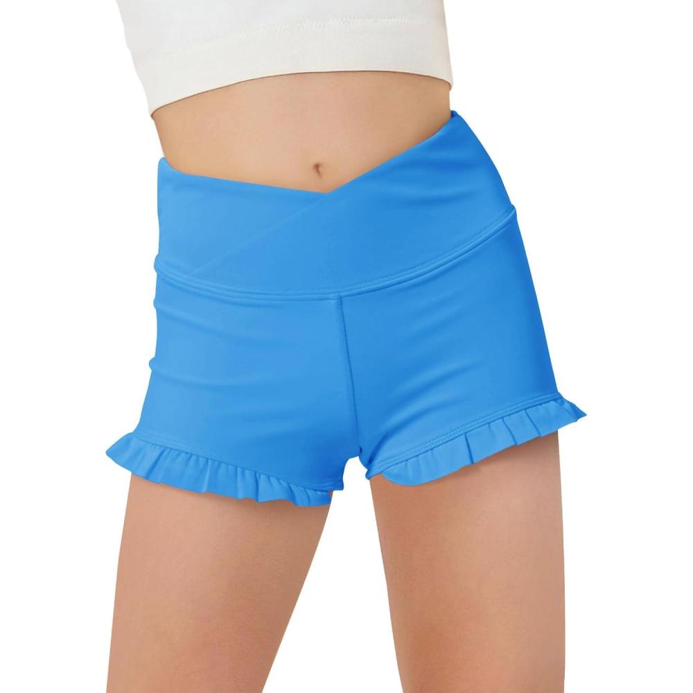 imageHaloumoning Girls Athletic Ruffle Shorts V Crossover High Waisted Yoga Dance Gymnastics Shorts 514YRoyal Blue