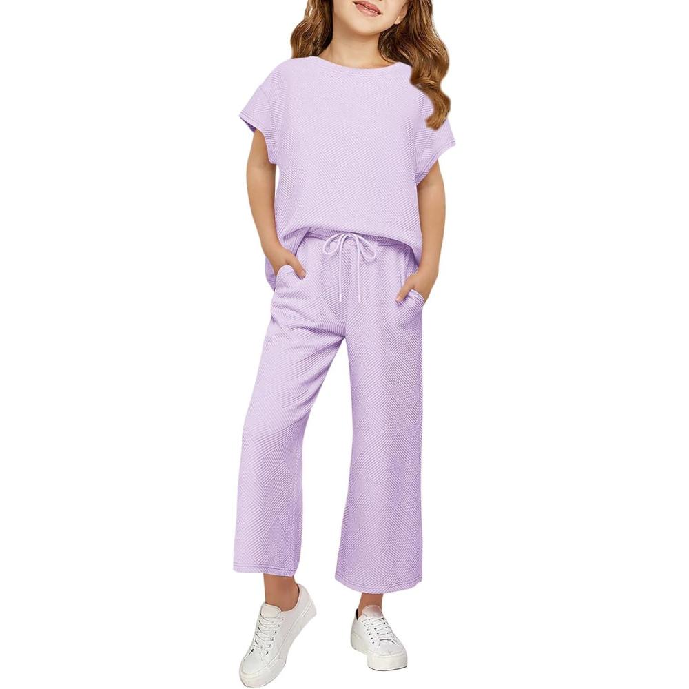 imageHaloumoning Girls Clothing Sets Kids Fashion Short Sleeve Crew Neck Tops Wide Leg Pants Sweatsuit with Pocket 514YLight Purple
