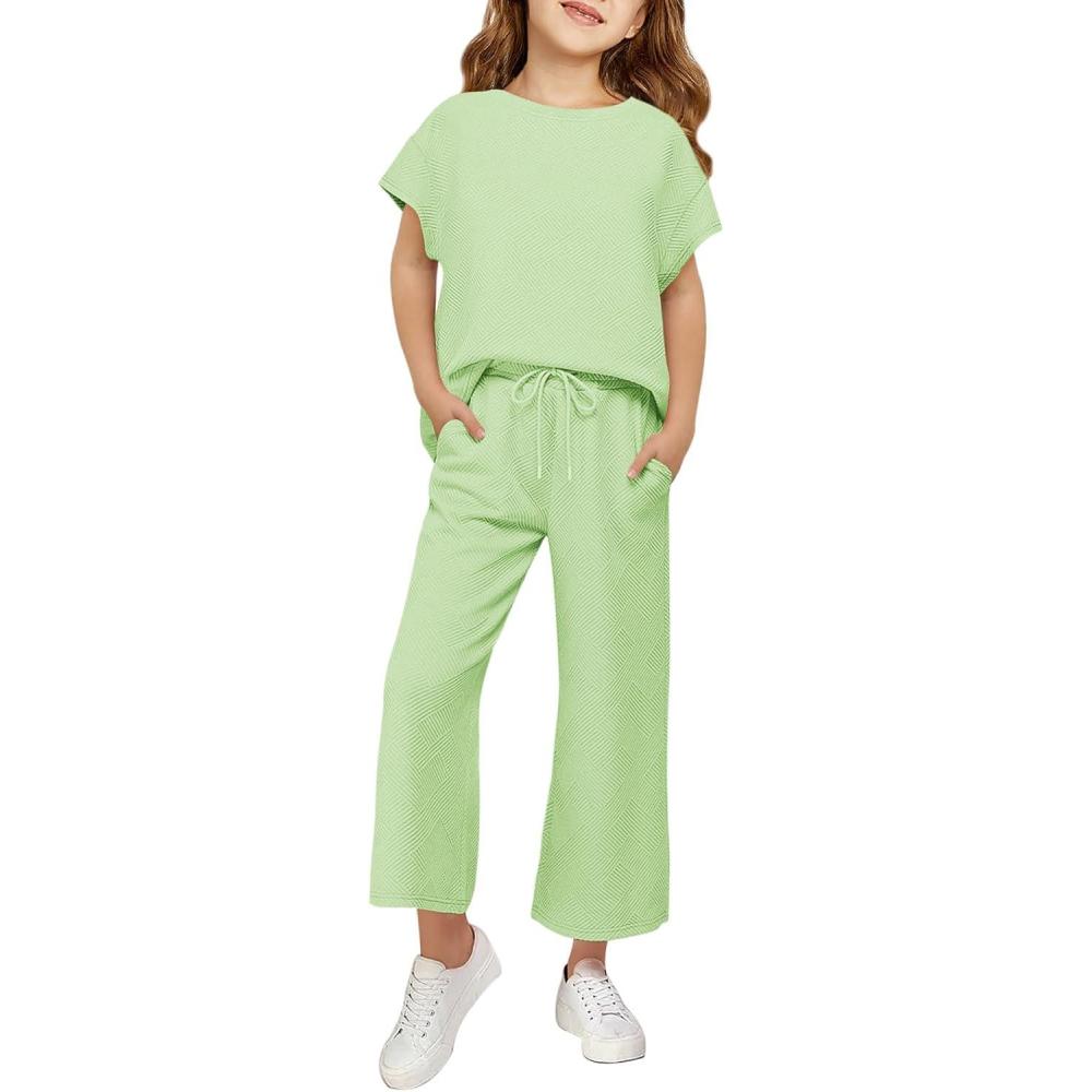 imageHaloumoning Girls Clothing Sets Kids Fashion Short Sleeve Crew Neck Tops Wide Leg Pants Sweatsuit with Pocket 514YMint