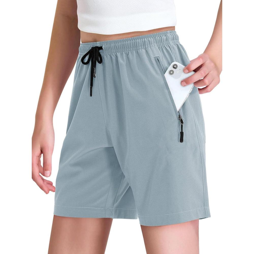 imageHaloumoning Girls Hiking Cargo Shorts Quick Dry Lightweight Summer Drawstring Athletic Shorts with Zipper PocketsBlue Grey