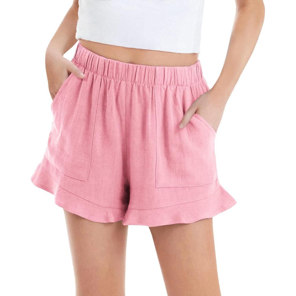 imageHaloumoning Girls Shorts Casual Floral Printed Short Pants Summer Ruffle Beach Shorts with Pockets Size 415Pink